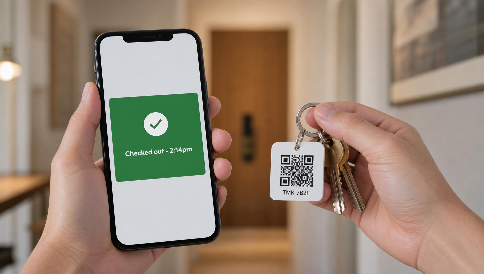 A hand holding a smartphone scanning a QR code tag on a keyring, with a green 'Checked out' confirmation on screen.