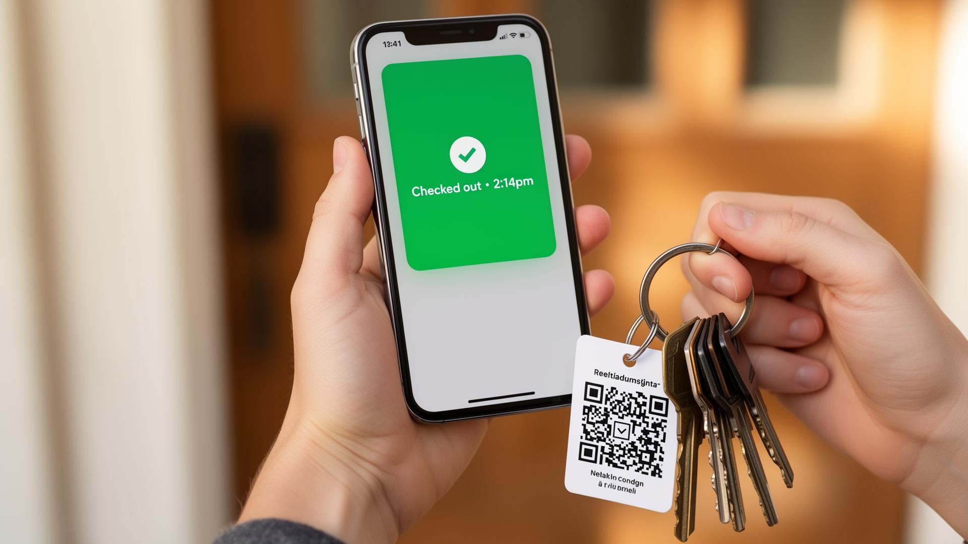 A hand holding a smartphone scanning a QR code tag on a keyring, with a green 'Checked out' confirmation on screen.