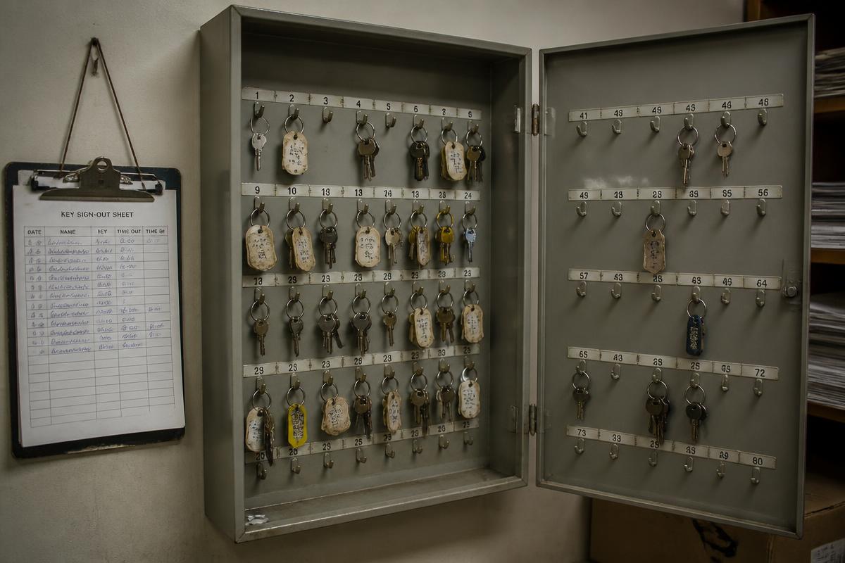 An old metal key cabinet full of tagged keys on numbered hooks, next to a handwritten paper sign-out sheet.