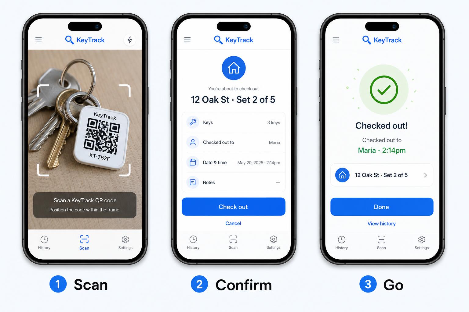 Three-phone storyboard showing the KeyTrack workflow: Scan a QR keyring tag, confirm the check-out, then a success screen.