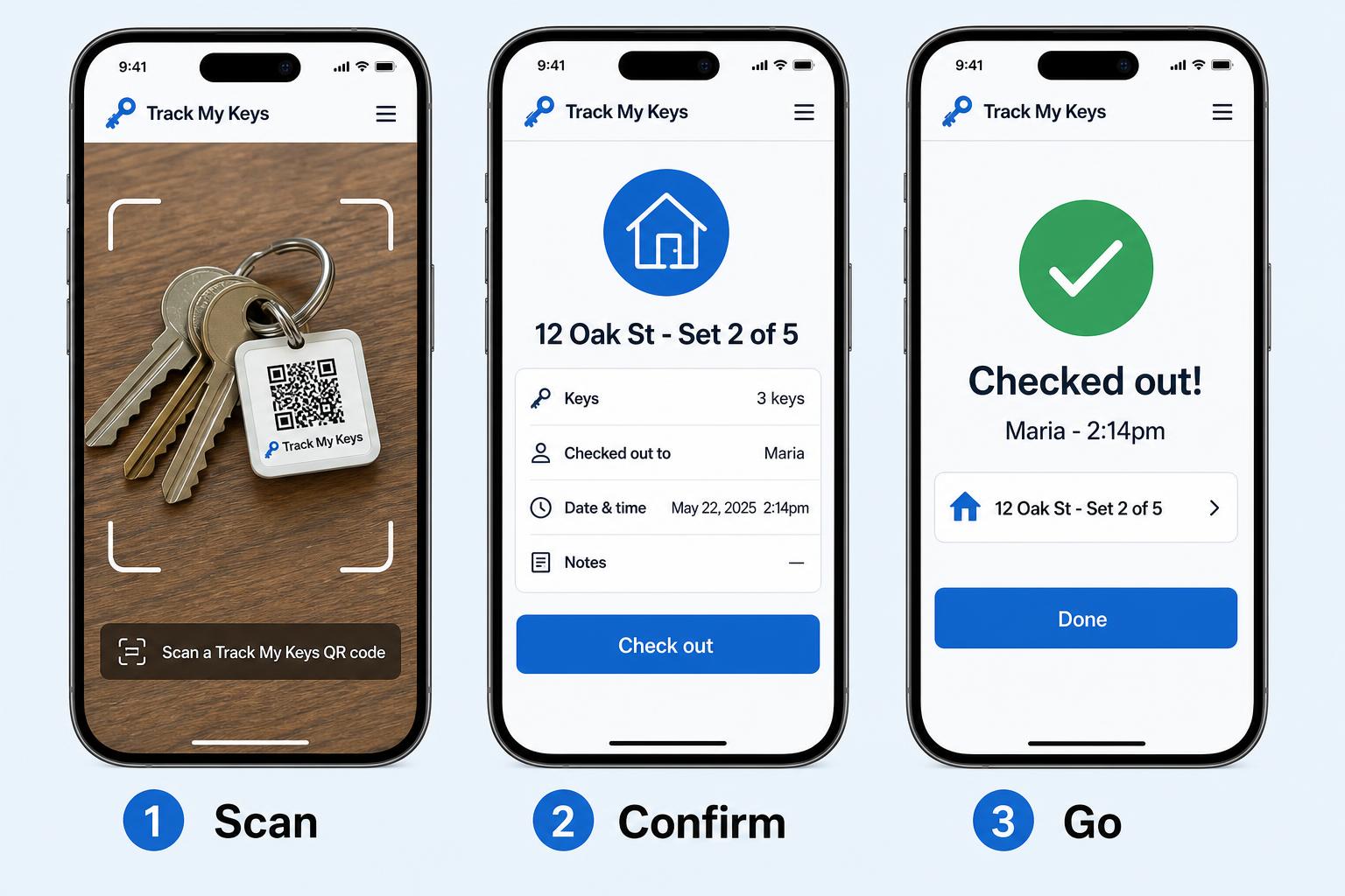 Three-phone storyboard showing the Track My Keys workflow: Scan a QR keyring tag, confirm the check-out, then a success screen.
