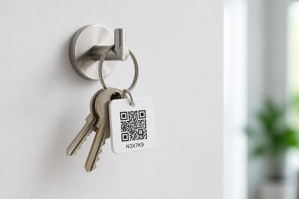 A keyring with house keys and a printed QR key tag hanging on a wall hook — no cabinet required.
